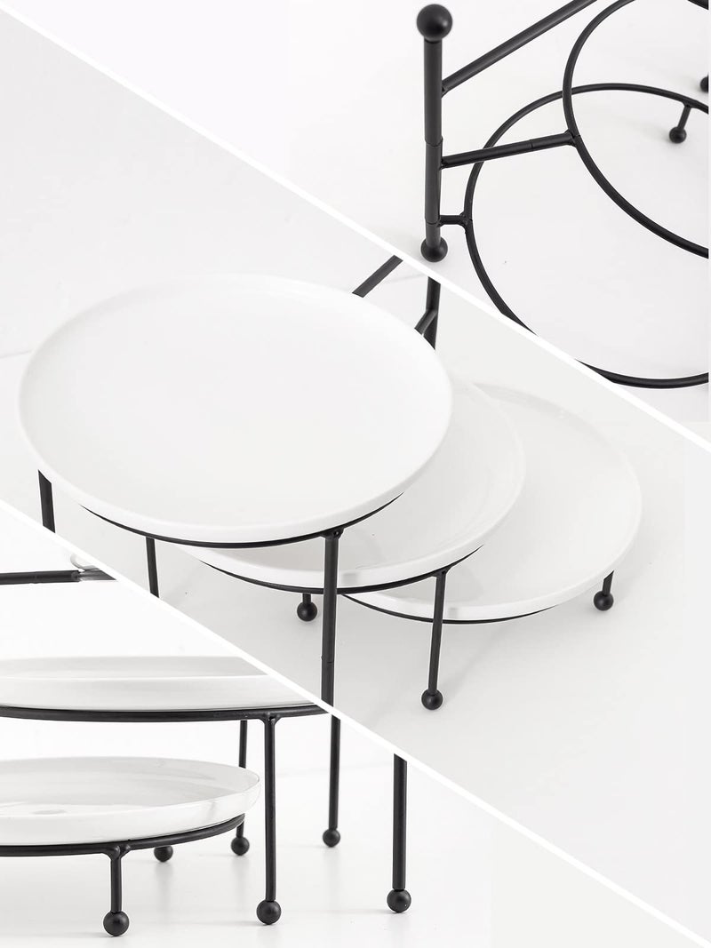 Kanwone 3 Tiered Serving Stand with White Porcelain Plates, Tiered Tray Stand, 10" x 10" Tier Serving Trays with Black Metal Stand for Entertaining, 3 Tier Dessert Stand - Image 3