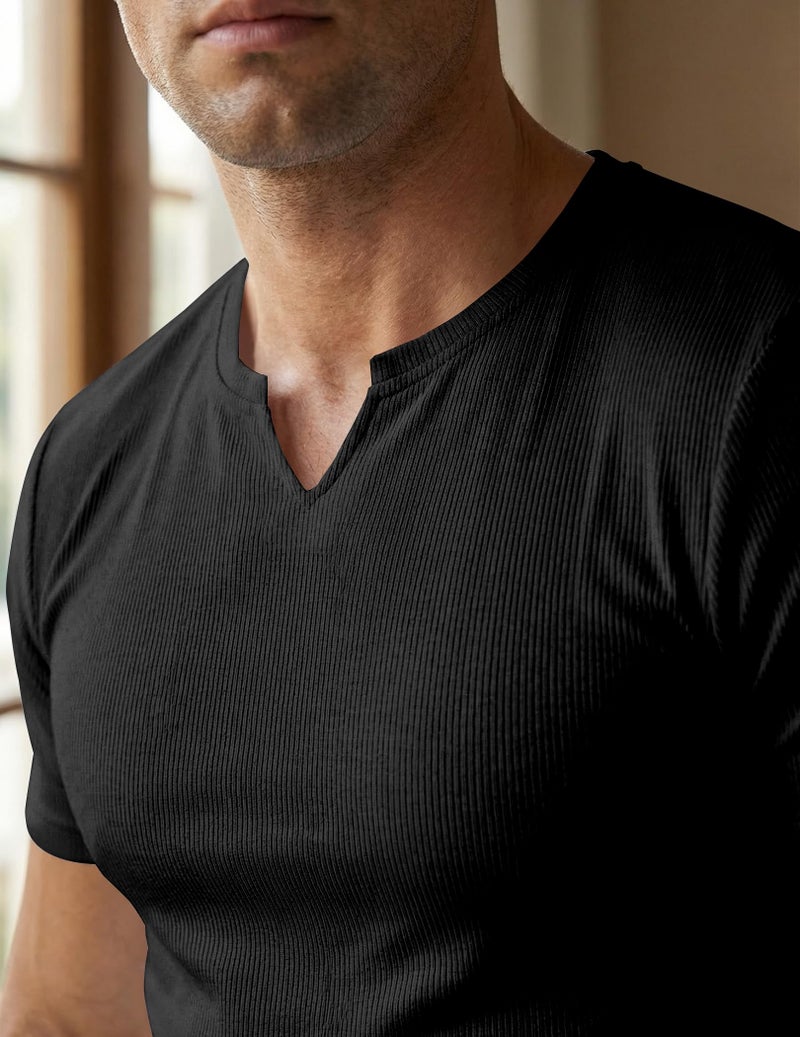 JMIERR Men's Muscle Slim Fit T-Shirt V Neck Hipster Longline Black Henley Shirt Short Sleeve Gym Workout Athletic Fitted Tees Shirts for Men,US 43(L) - Image 4