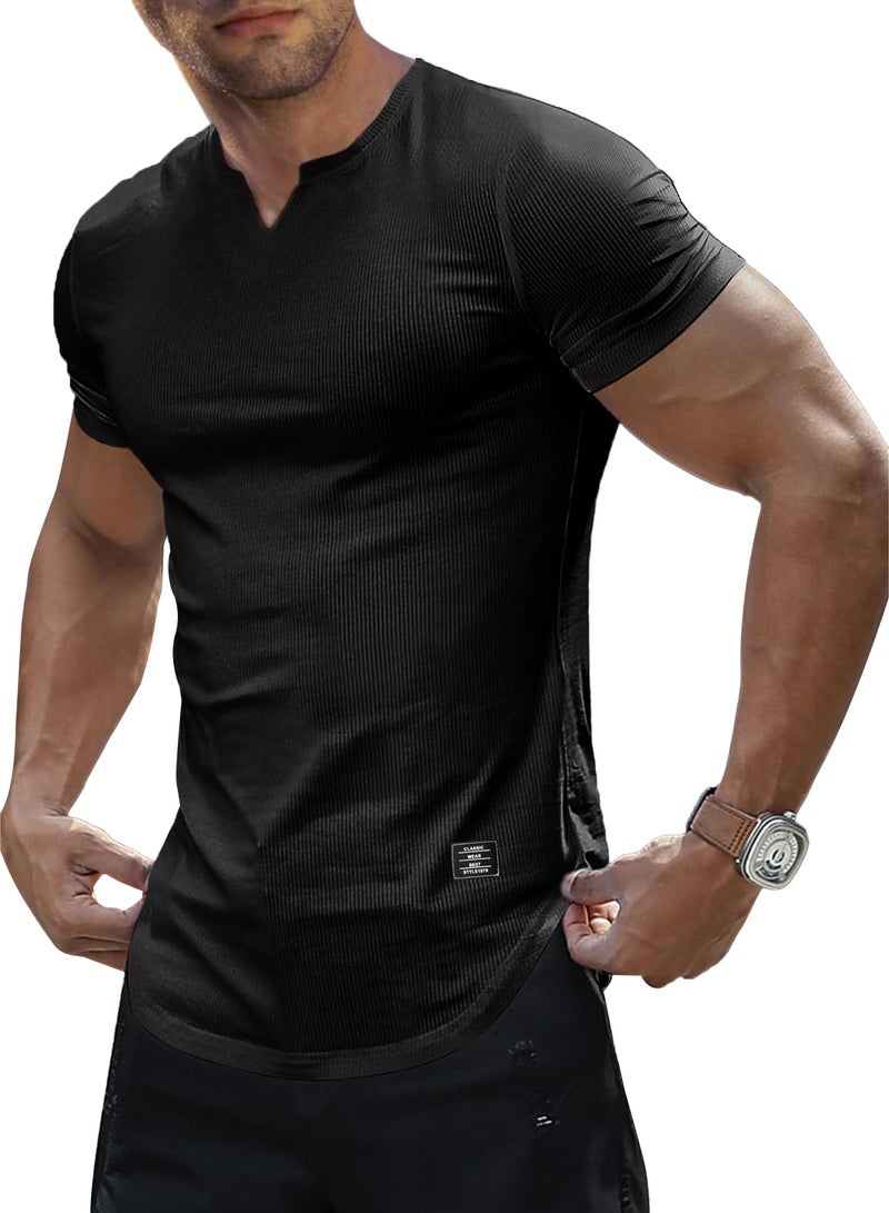 JMIERR Men's Muscle Slim Fit T-Shirt V Neck Hipster Longline Black Henley Shirt Short Sleeve Gym Workout Athletic Fitted Tees Shirts for Men,US 43(L) - Image 1