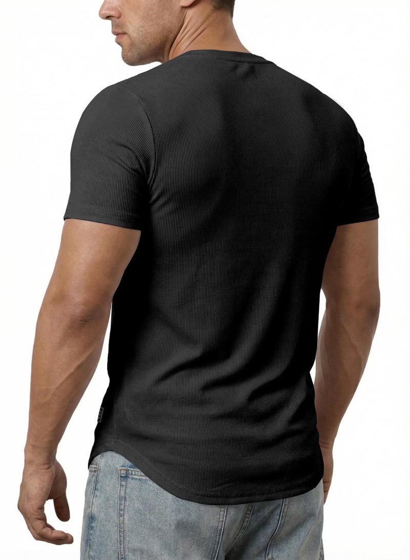 JMIERR Men's Muscle Slim Fit T-Shirt V Neck Hipster Longline Black Henley Shirt Short Sleeve Gym Workout Athletic Fitted Tees Shirts for Men,US 43(L) - Image 2