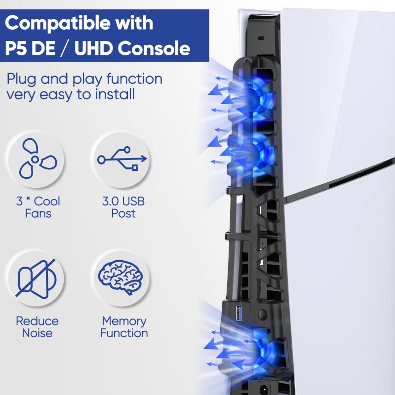 FASTSNAIL Cooling Fan for PS5 Slim Console, Quiet Cooling System with Memory Function and LED Light, Cooler Accessories with 3 High-Speed Fans & USB 3.0 Port for New PlayStation 5 Slim - Image 5