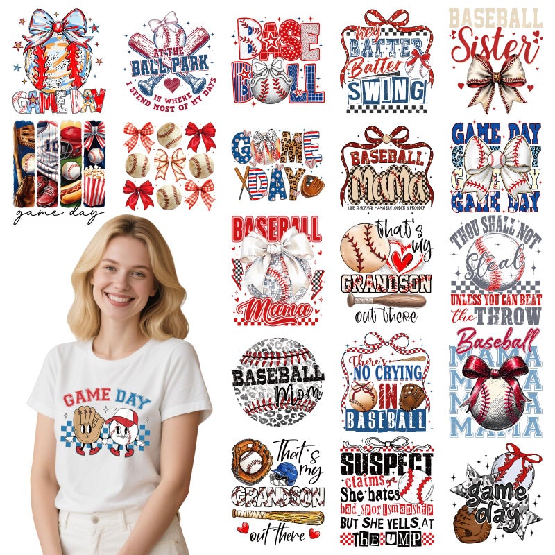 INCOK Baseball DTF Transfers Ready to Press - 20 PCS Bow Iron on Transfers for Game Day Outfit Retro Iron on Decals Stickers Heat Vinyl Design for Short Sleeve Hat Sport Sweats DIY Craft Decor - Image 1