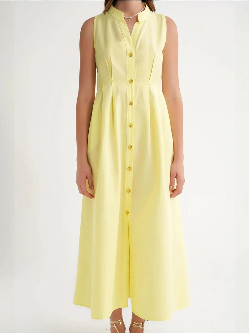 MixRay Lemon Yellow Mixray Buttoned Tippet Collar Maxi Dress for Women | Best Price UAE