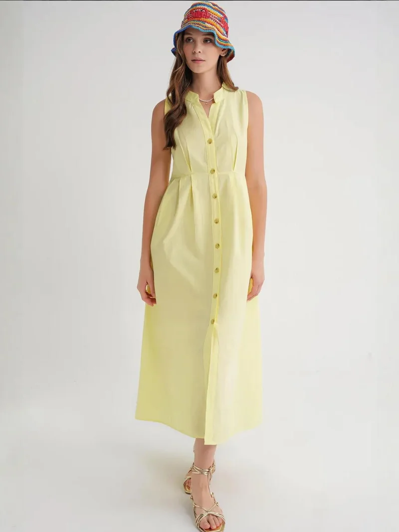 MixRay Lemon Yellow Mixray Buttoned Tippet Collar Maxi Dress for Women | Best Price UAE