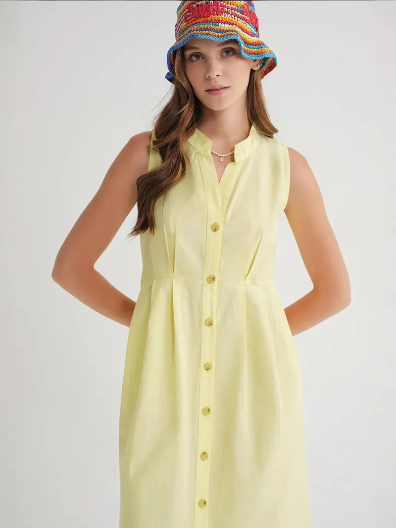 MixRay Lemon Yellow Mixray Buttoned Tippet Collar Maxi Dress for Women | Best Price UAE