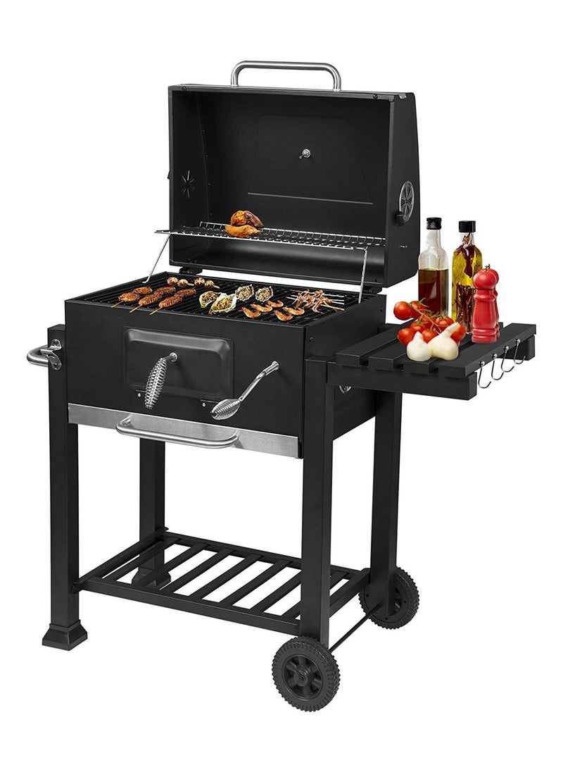 XiuWoo charcoal grill charcoal grill trolley charcoal tray height adjustable with wheels bottle opener stand grill barbecue grill for BBQ garden camping balcony, black  - Image 1