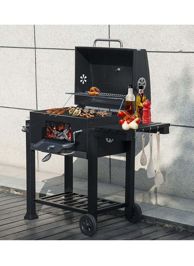 XiuWoo charcoal grill charcoal grill trolley charcoal tray height adjustable with wheels bottle opener stand grill barbecue grill for BBQ garden camping balcony, black  - Image 2