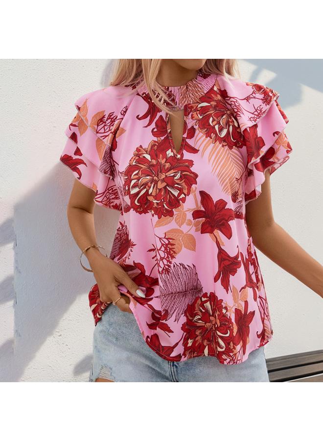 VUELO Independent Station New European And American Summer Women's Lotus Leaf Laminated Sleeve Printed Shirt For Women  - Image 1
