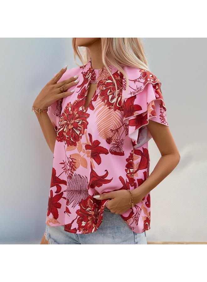 VUELO Independent Station New European And American Summer Women's Lotus Leaf Laminated Sleeve Printed Shirt For Women  - Image 3