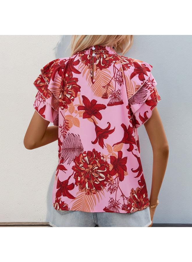 VUELO Independent Station New European And American Summer Women's Lotus Leaf Laminated Sleeve Printed Shirt For Women  - Image 4