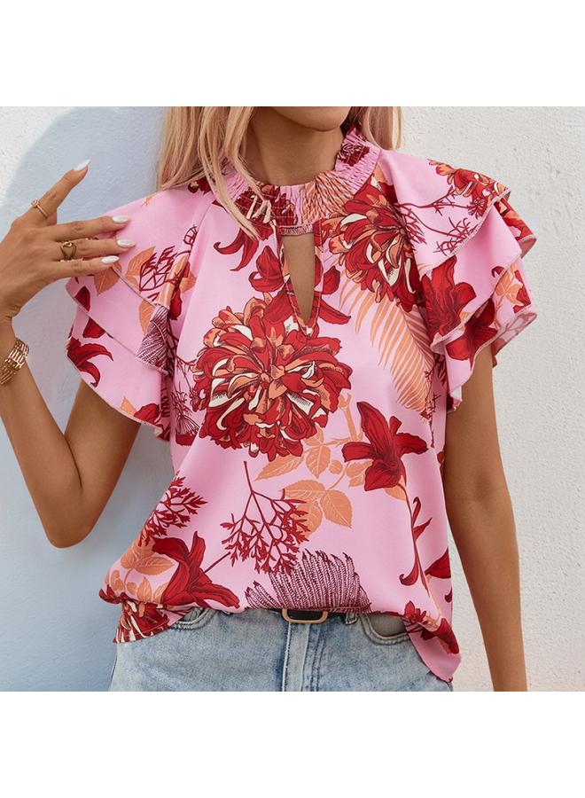 VUELO Independent Station New European And American Summer Women's Lotus Leaf Laminated Sleeve Printed Shirt For Women  - Image 2