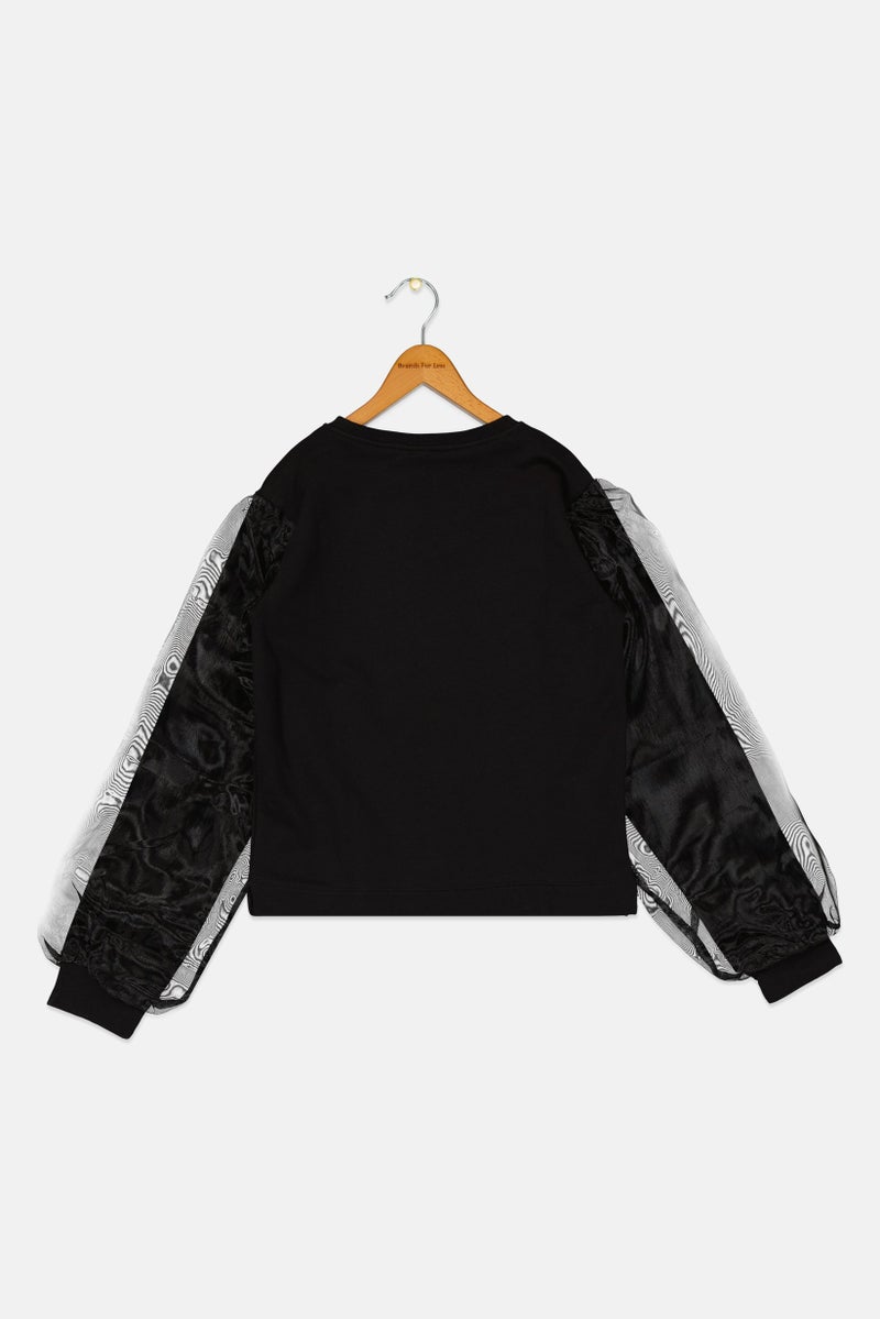 FREDDY سويت شيرت مزين بأكمام طويلة بياقة دائرية للفتيات، أسود - Image 2