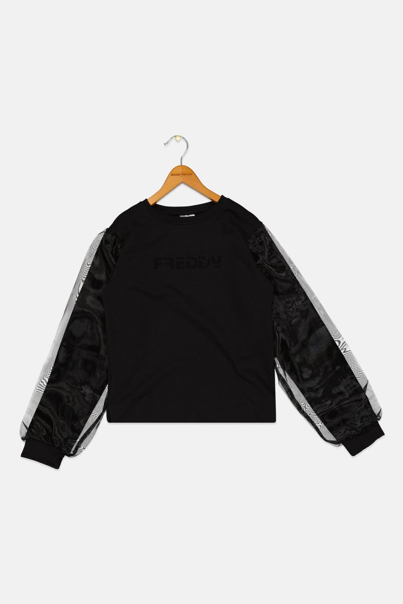FREDDY سويت شيرت مزين بأكمام طويلة بياقة دائرية للفتيات، أسود - Image 1