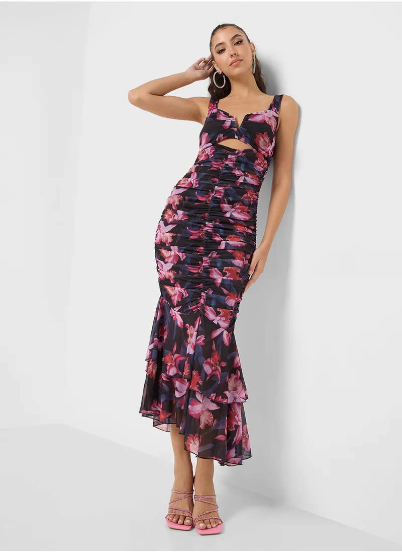 جينجر Floral Print Ruched Bodycon Midi Dress With Frilled Hem