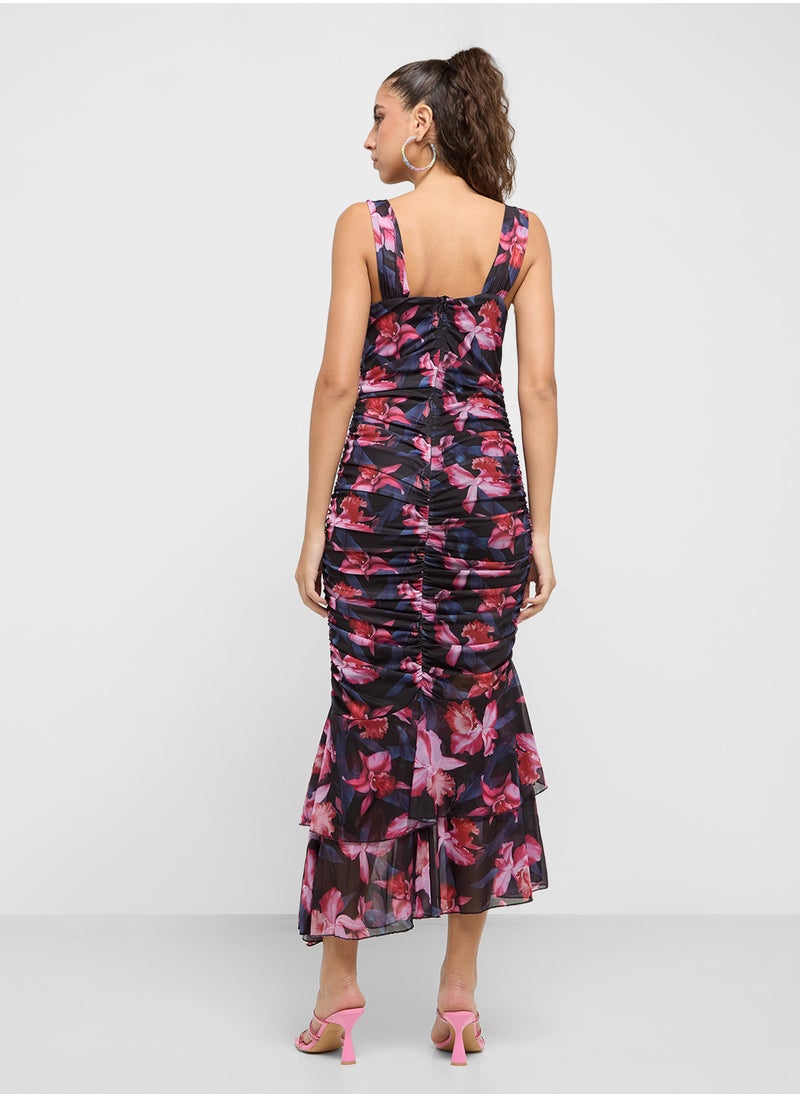 Ginger - Floral Print Ruched Bodycon Midi Dress With Frilled Hem - Image 1