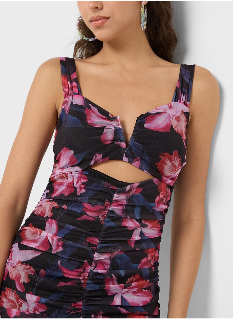 Ginger - Floral Print Ruched Bodycon Midi Dress With Frilled Hem - Image 1