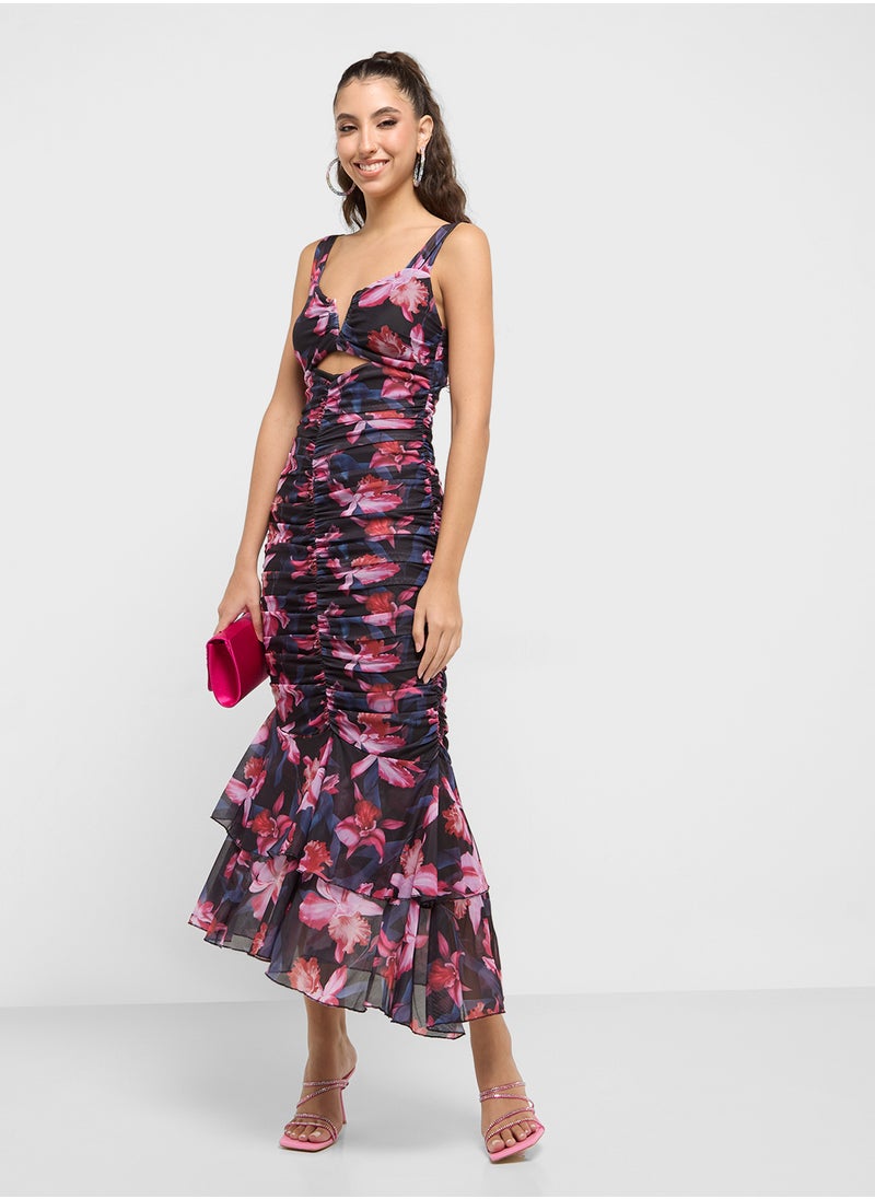 Ginger - Floral Print Ruched Bodycon Midi Dress With Frilled Hem - Image 1