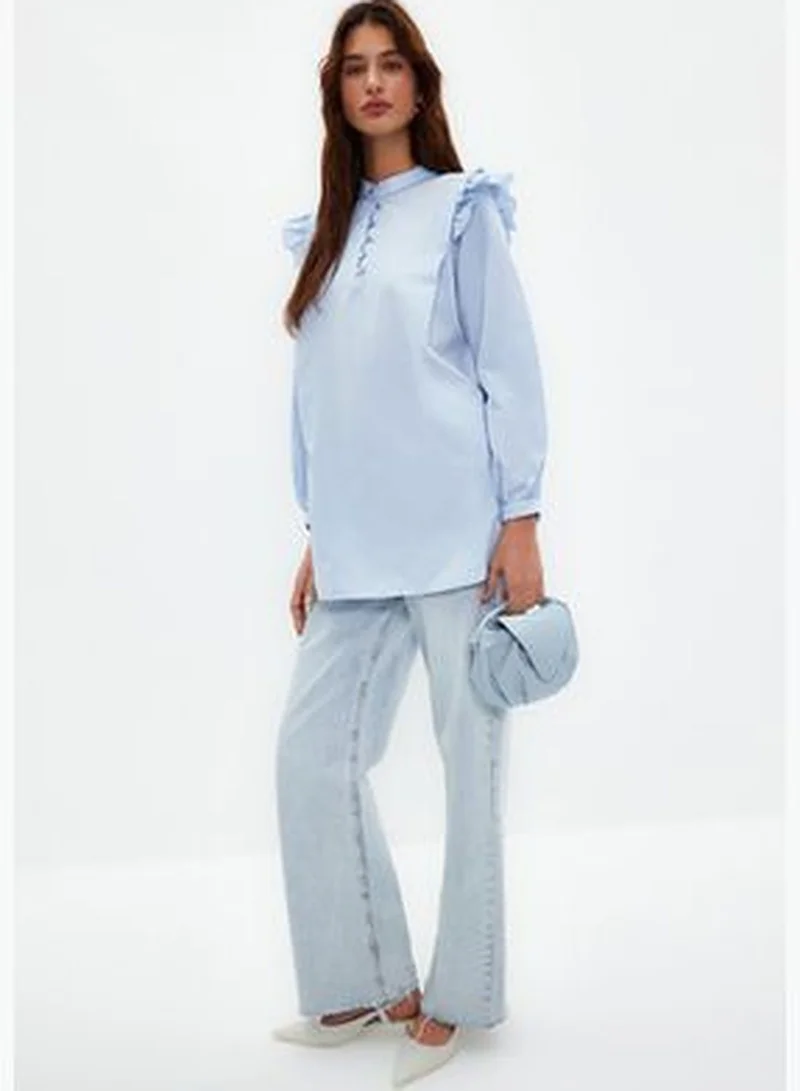 trendyol Light Blue Ruffle Detail Cotton Blended Woven Shirt