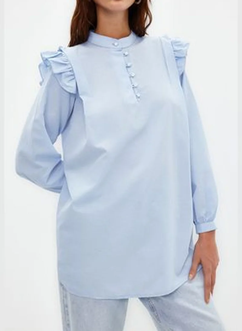 trendyol Light Blue Ruffle Detail Cotton Blended Woven Shirt