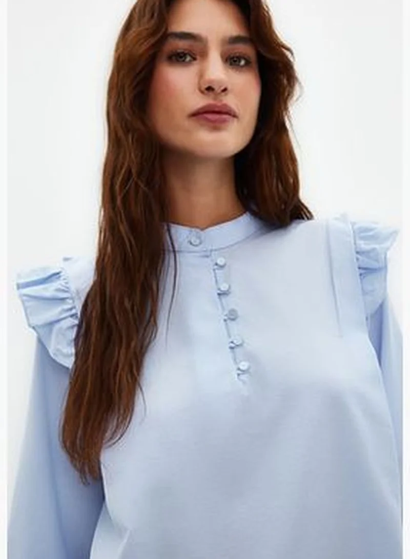trendyol Light Blue Ruffle Detail Cotton Blended Woven Shirt