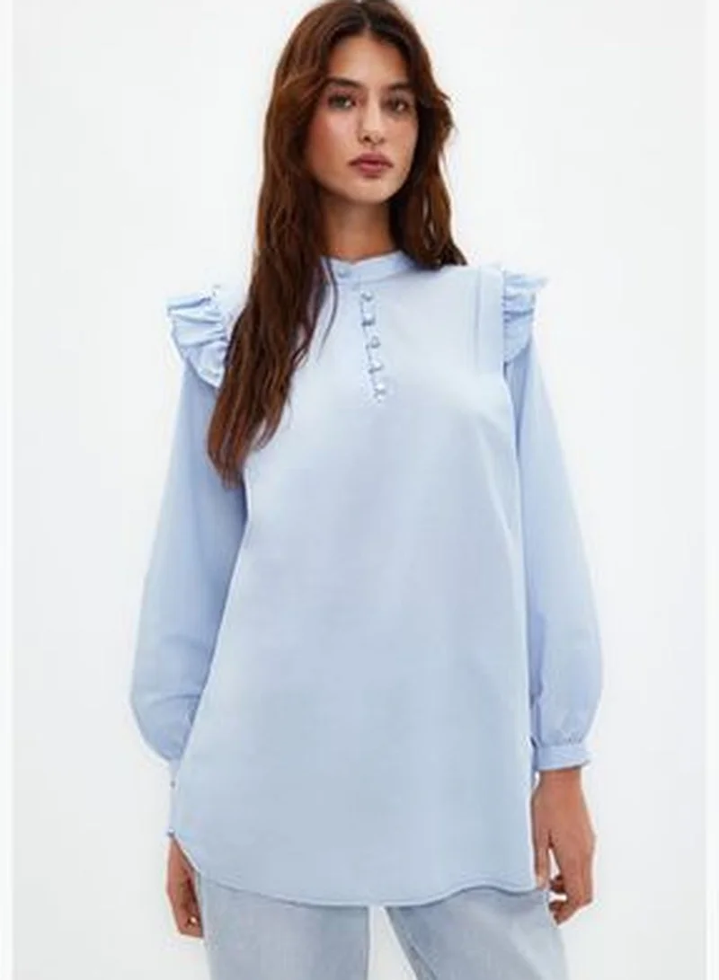 trendyol Light Blue Ruffle Detail Cotton Blended Woven Shirt
