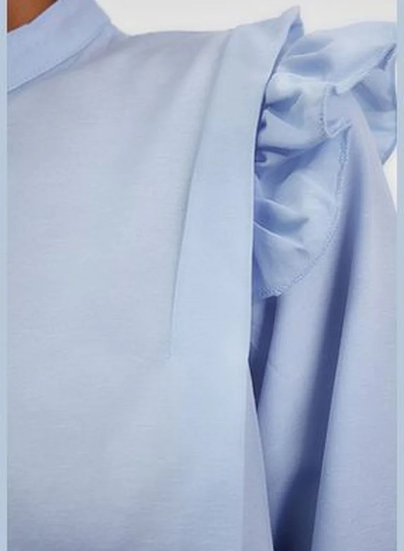 trendyol Light Blue Ruffle Detail Cotton Blended Woven Shirt