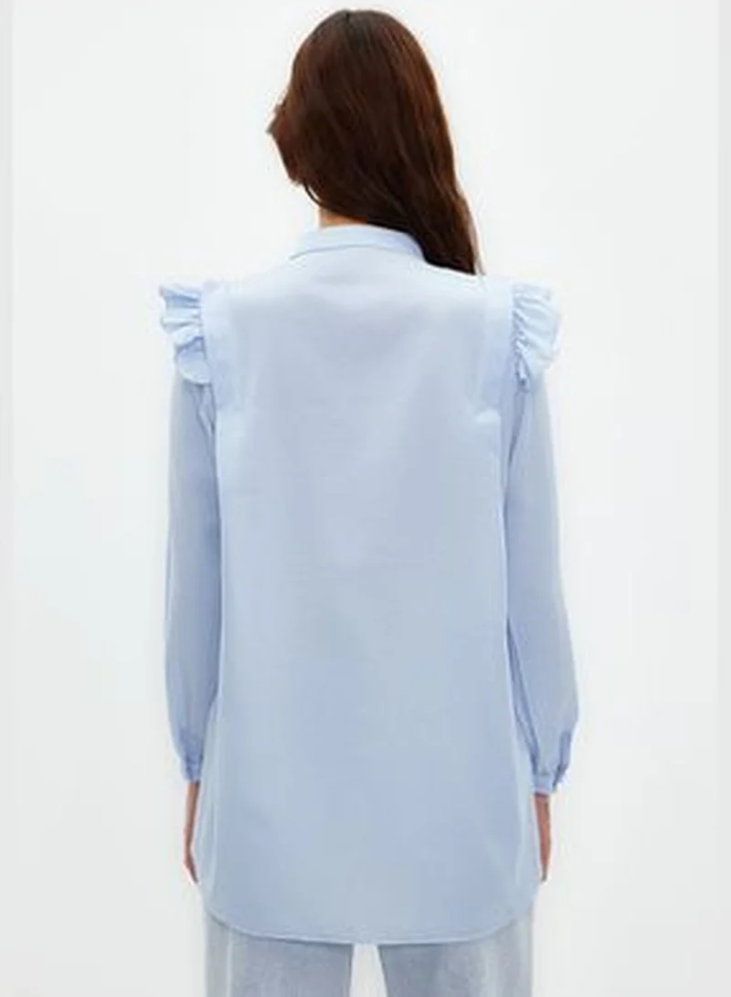 trendyol Light Blue Ruffle Detail Cotton Blended Woven Shirt