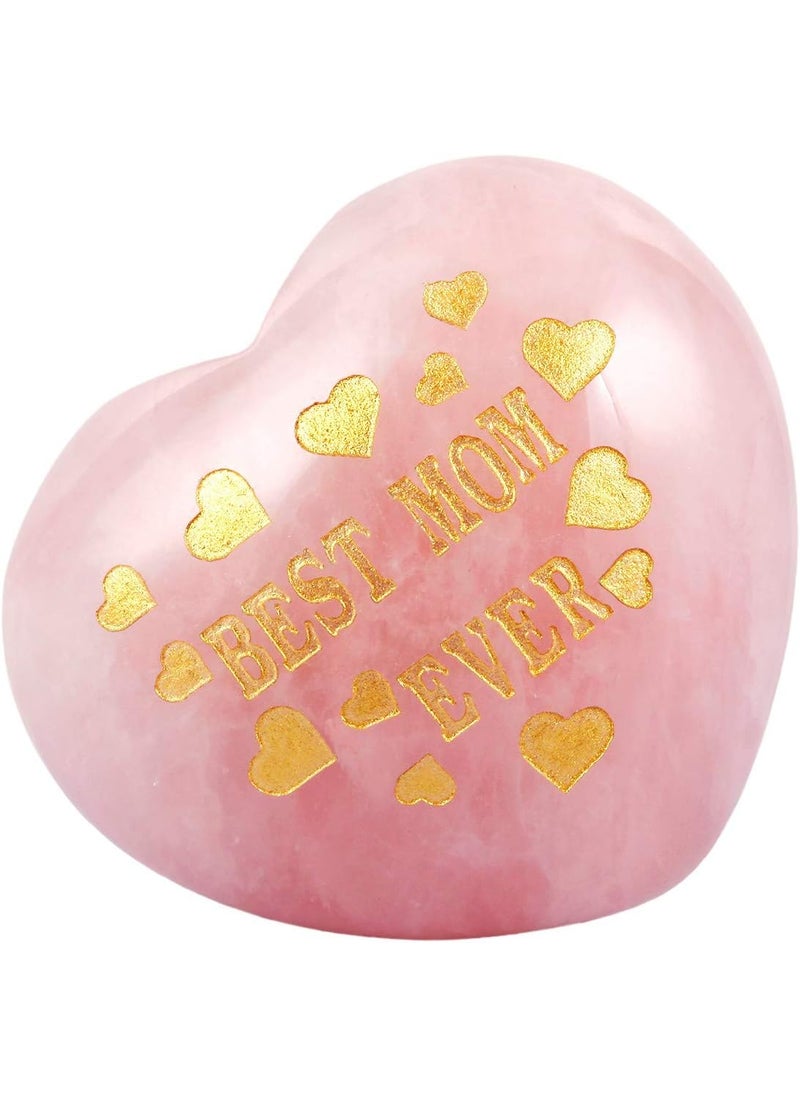 SUNYIK SUNYIK Rose Quartz Carved Puff Heart Pocket Stone-Best Mom Ever, Healing Palm Crystal (1.8"), Pack of 1 