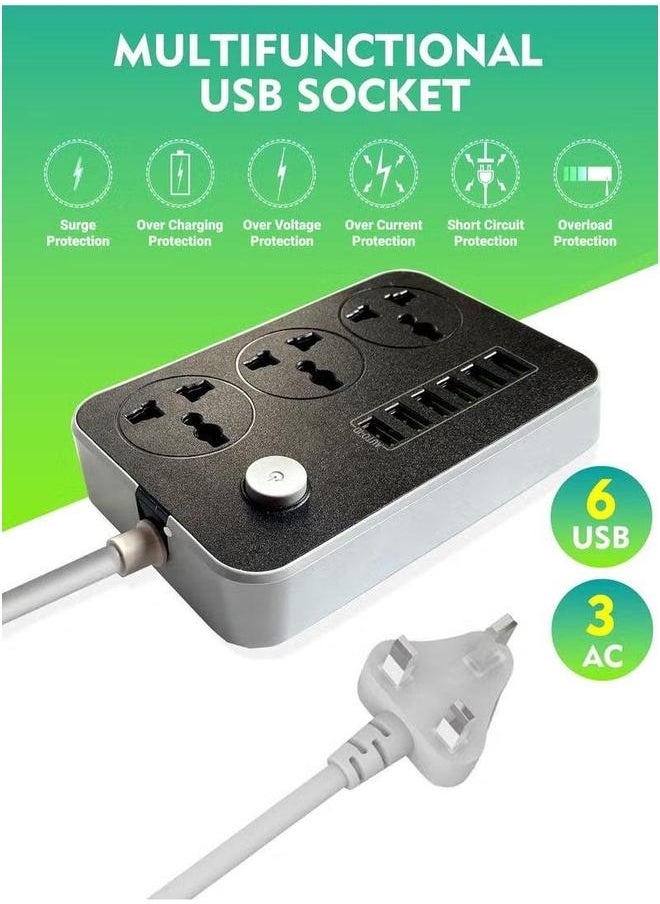 9 in 1 Universal Extension Cord with 3 Power Socket and 6 USB Slots, Way Strip Charging slot, Lead 2 meter