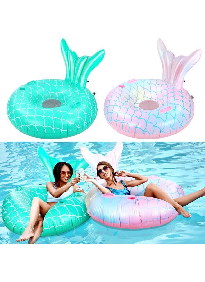 Junkin - 2 Pcs Mermaid Pool Float 43.3 Inch Mermaid Tail Pool Inflatables Float Adults Swimming Pool Raft With Cup Holder Backrest Mesh Bottom For People Over 8 Years Lounge Floaty Chair - Image 1