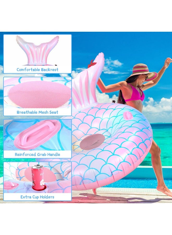 Junkin - 2 Pcs Mermaid Pool Float 43.3 Inch Mermaid Tail Pool Inflatables Float Adults Swimming Pool Raft With Cup Holder Backrest Mesh Bottom For People Over 8 Years Lounge Floaty Chair - Image 1
