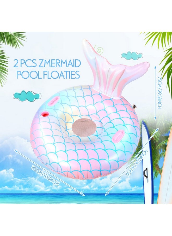 Junkin - 2 Pcs Mermaid Pool Float 43.3 Inch Mermaid Tail Pool Inflatables Float Adults Swimming Pool Raft With Cup Holder Backrest Mesh Bottom For People Over 8 Years Lounge Floaty Chair - Image 1