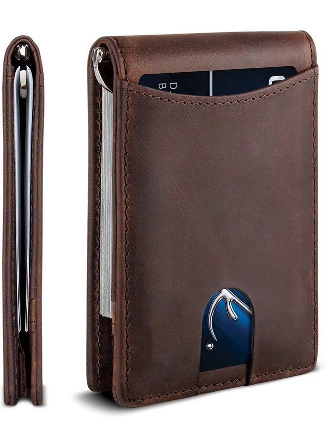 CONTACTS Contacts Genuine Leather Money Clip Wallet Slim Front Pocket RFID Blocking Card Holder Minimalist Mini Bifold for Men's with Smart Pull Strap 8 Card Slots Photo ID (Brown)…  - Image 1