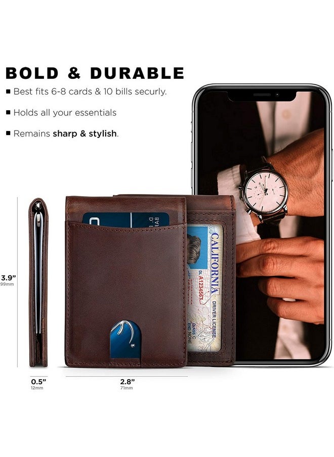 CONTACTS Contacts Genuine Leather Money Clip Wallet Slim Front Pocket RFID Blocking Card Holder Minimalist Mini Bifold for Men's with Smart Pull Strap 8 Card Slots Photo ID (Brown)…  - Image 5