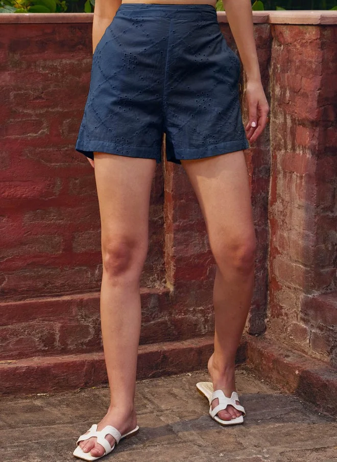 SASSAFRAS Navy Blue High-Rise Shorts for Women