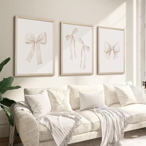 Pennclys Bow Wall Art Coquette Room Canvas Decor Beige Bow Poster Preppy Wall Deocr Aesthetic Pictures Coquette Girly Posters Nursery Art Prints for Girls Bedroom 12x16 Inch Wood Framed Set of 3 - Image 3