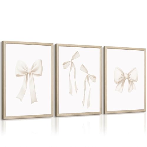 Pennclys Bow Wall Art Coquette Room Canvas Decor Beige Bow Poster Preppy Wall Deocr Aesthetic Pictures Coquette Girly Posters Nursery Art Prints for Girls Bedroom 12x16 Inch Wood Framed Set of 3 - Image 1