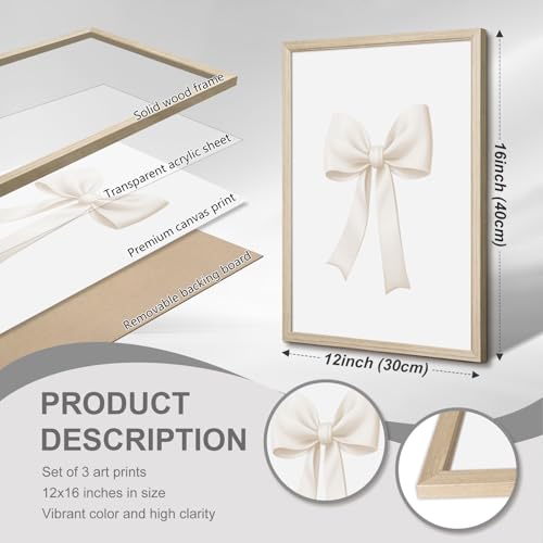 Pennclys Bow Wall Art Coquette Room Canvas Decor Beige Bow Poster Preppy Wall Deocr Aesthetic Pictures Coquette Girly Posters Nursery Art Prints for Girls Bedroom 12x16 Inch Wood Framed Set of 3 - Image 2