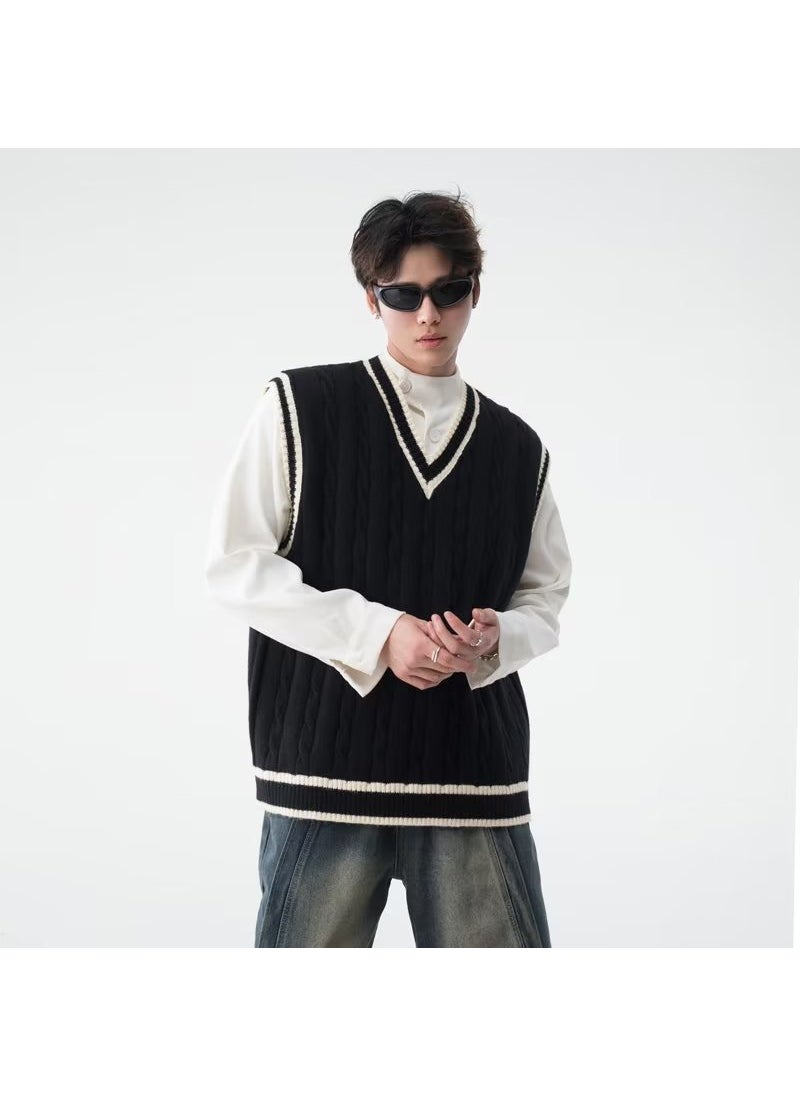 Generic - Loose V-neck Knitted Vest Mens Autumn Winter American Retro Sleeveless Sweater Overalls Hoodless Zipper Casual Polyester Fiber Black - Image 1