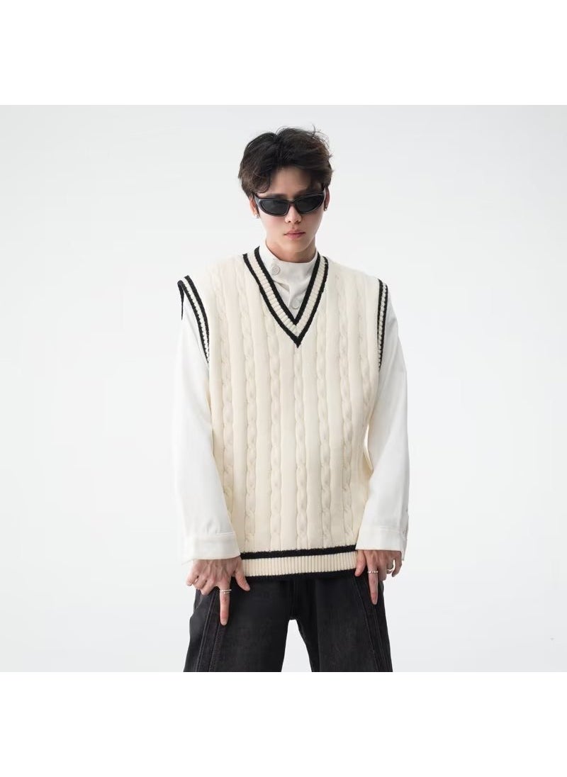 Generic - Loose V-neck Knitted Vest Mens Autumn Winter American Retro Sleeveless Sweater Overalls Hoodless Zipper Casual Polyester Fiber Black - Image 1