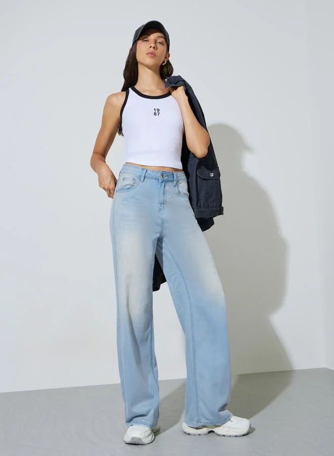 ستايلي Blue Faded Wide Leg Jeans with Pocket