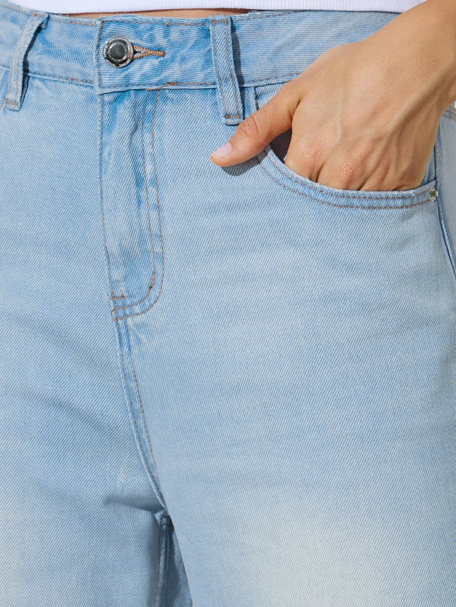 Styli blue Styli Blue Faded Wide Leg Jeans with Pocket for Women | Best Price UAE