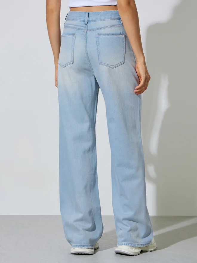 Styli blue Styli Blue Faded Wide Leg Jeans with Pocket for Women | Best Price UAE