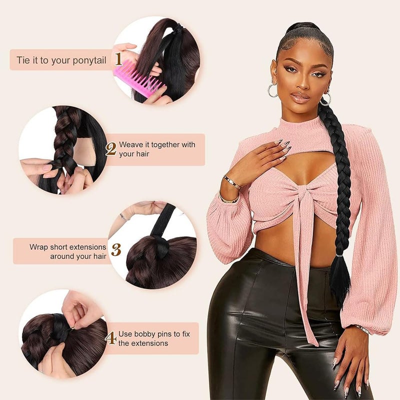 جيه زد اس وصلة شعر طويلة مضفرة من JZS مع ربطة شعر - وصلات شعر مستقيمة ملفوفة، قطعة شعر صناعية ناعمة طبيعية للنساء - Image 3