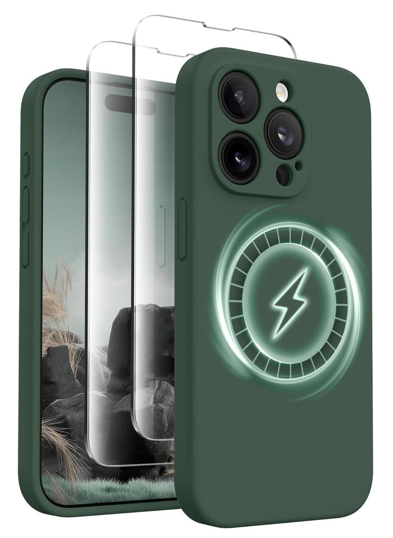 iPhone 15 Pro Max Case Silicone, Compatible with MagSafe, [Camera Protection][2X Screen Protectors] Slim Shockproof Protective Case, Soft Anti-Scratch Microfiber Lining, Alpine Green