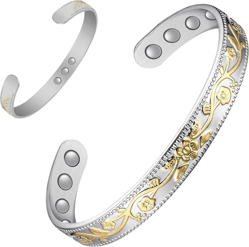 Feraco Copper Bracelet for Women, Ultra Strength Magnetic Bracelets, 99.99% Pure Copper Cuff Bangle with 3500 Gauss Neodymium Magnets, Adjustable (Silver & Gold) - Image 1