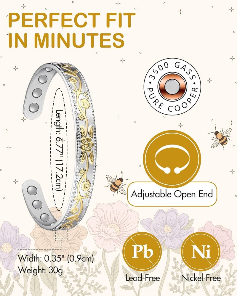 Feraco Copper Bracelet for Women, Ultra Strength Magnetic Bracelets, 99.99% Pure Copper Cuff Bangle with 3500 Gauss Neodymium Magnets, Adjustable (Silver & Gold) - Image 5