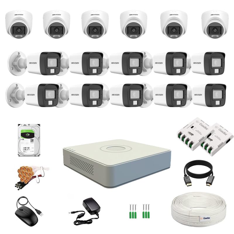 Clocite Hikvision 3K5MP 16 CH DVR 3K 5MP 6 Dome 10 Bullet Cameras Color Night Vision Builtin Audio MIC Smart Dual Light Motion Detection 4TB HDD 8 CH SMPS 2 Nos CCTV Cable BNCDC - Image 1