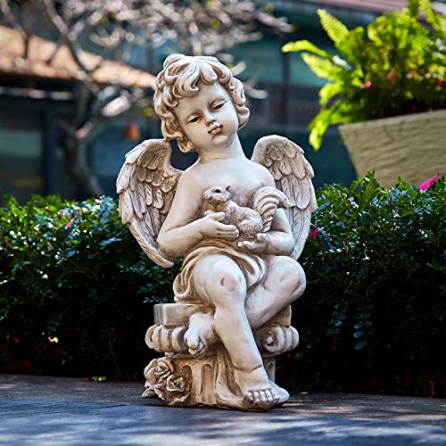 Floryden Cherub Angel Garden Statue, with Squirrel Sitting on Roma Pillar, Greek Column Angel Figurine for Garden Decor, Lawn, Patio, Courtyard, 13.4 inch - Image 1