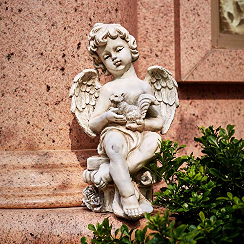 Floryden Cherub Angel Garden Statue, with Squirrel Sitting on Roma Pillar, Greek Column Angel Figurine for Garden Decor, Lawn, Patio, Courtyard, 13.4 inch - Image 3
